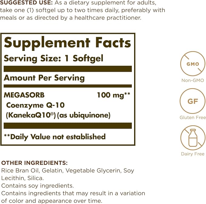 Solgar Megasorb CoQ-10 100 mg - 30 Softgels - Enhanced Absorption - Non-GMO, Gluten Free, Dairy Free - 30 Servings