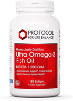 PROTOCOL FOR LIFE BALANCE Ultra Omega-3-500mg EPA & 250mg DHA - Fish Oil for Brain Support, Heart & Nervous System Health* - EPA DHA Omega Supplement - Non-GMO & Halal - 180 Softgels