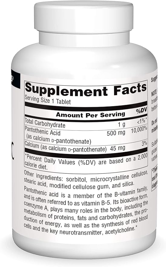 Source Naturals Pantothenic Acid 500 mg Vitamin B-5 Dietary Supplement - 200 Tablets