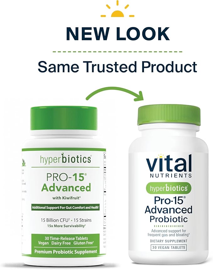 Hyperbiotics Vital Nutrients Pro-15 Advanced Probiotics for Women and Men | 15 Strains + Kiwifruit | Clinically Studied Daily Probiotics for Digestive Health, Gas, & Bloating | 30 Vegan Tablets