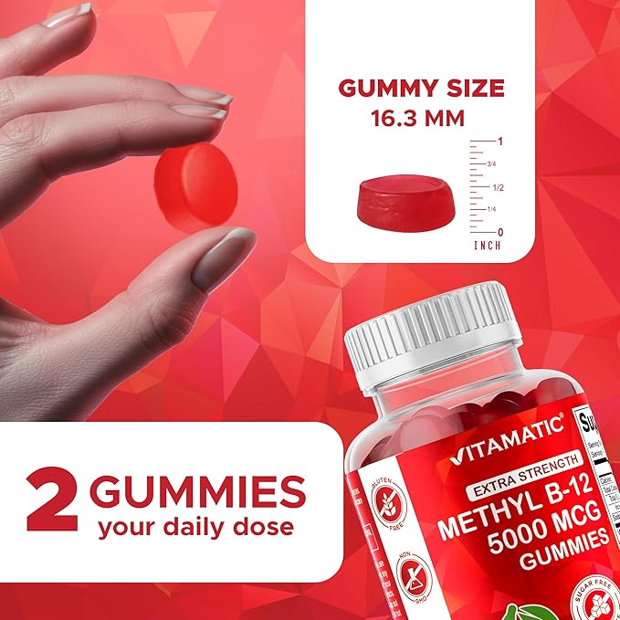 Vitamatic 2 Packs Extra Strength Vitamin B12 5000 mcg (Methyl B12) Gummies - 120 Count - Energy Metabolism Support and Nervous System Health Support, Natural Cherry Flavored