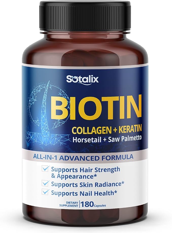 Biotin with Collagen + Keratin Horsetail + Saw Palmetto - Thick Hair, Vibrant Skin, Healthy Nails (180-day Supply (Pack of 1))