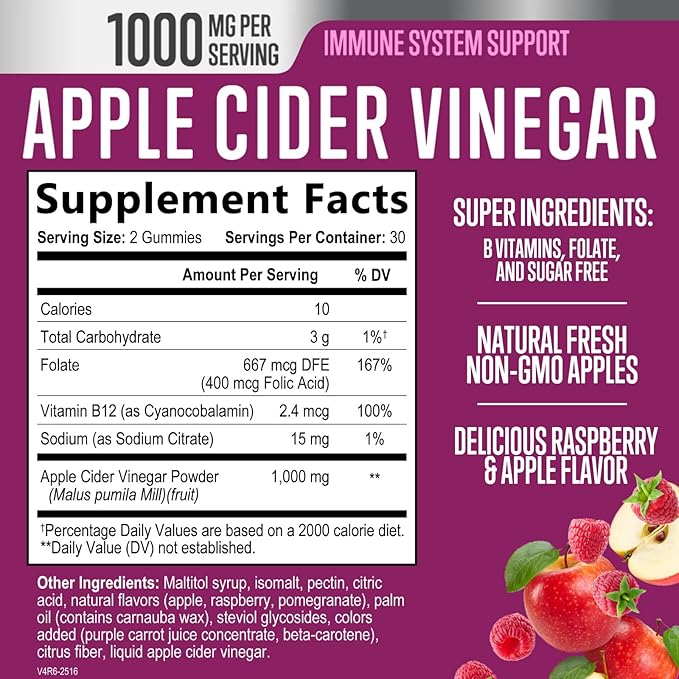 Apple Cider Vinegar Gummies 1000mg per Serving - Sugar Free Max Strength ACV Gummy Vitamins Supplement, Advanced Formula, Vitamin B12 Supports Metabolism & Energy, Keto Friendly, Vegan, 60 Gummies