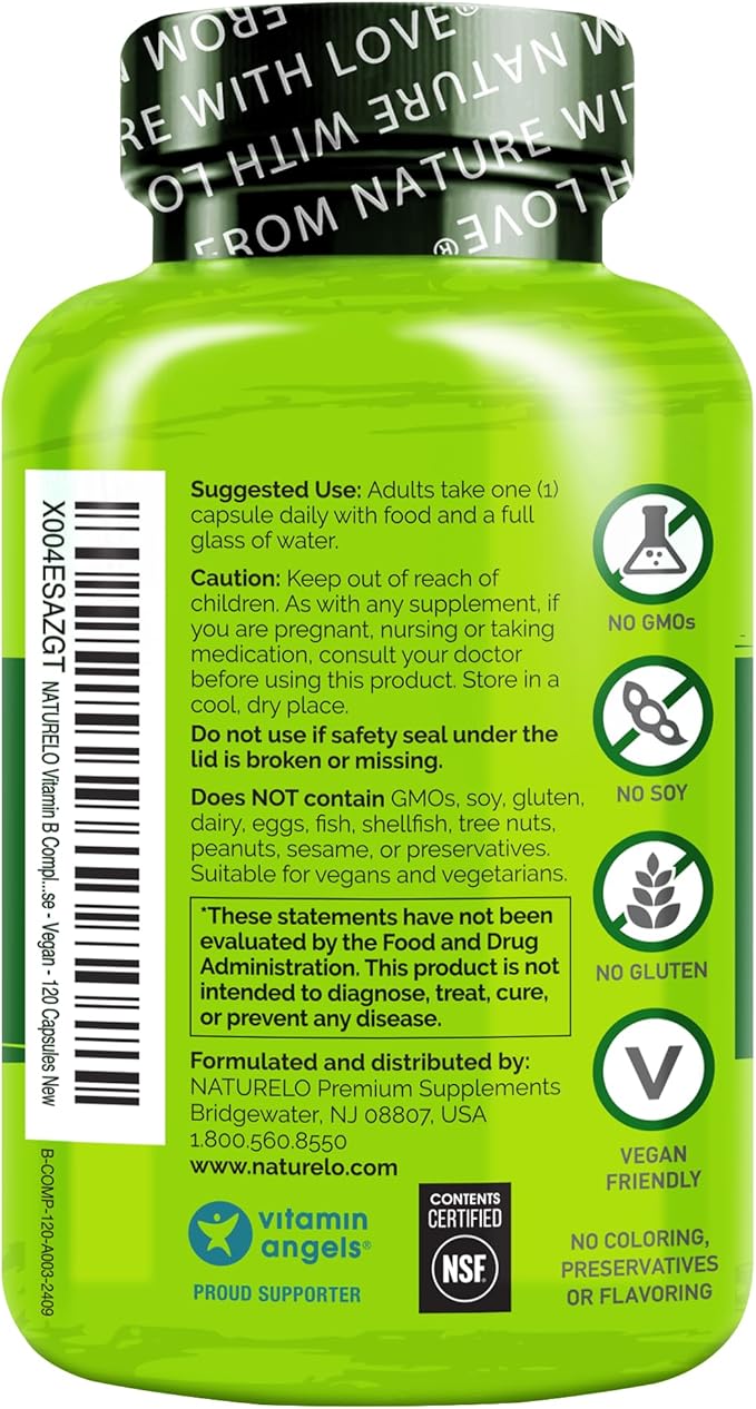 NATURELO Vitamin B Complex,120 Capsules, Vegan, CoQ10, Methyl Folate, Biotin, Fruit & Veg Blend, Supports Energy and Healthy Stress Response, Super B Complex Vitamins for Women and Men