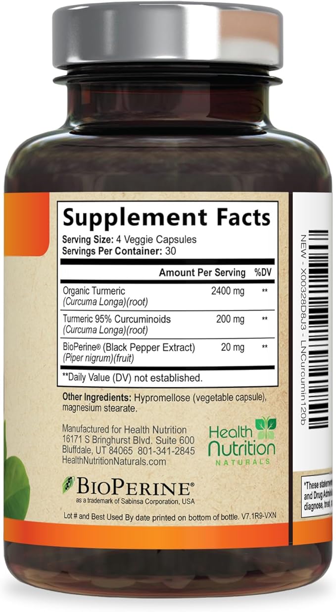 Turmeric Curcumin Supplement 2600mg - 95% Curcuminoids with Organic Turmeric & BioPerine Black Pepper for Best Absorption, Nature's Vegan Joint Support, Non-GMO Tumeric, Bottled in USA - 120 Capsules