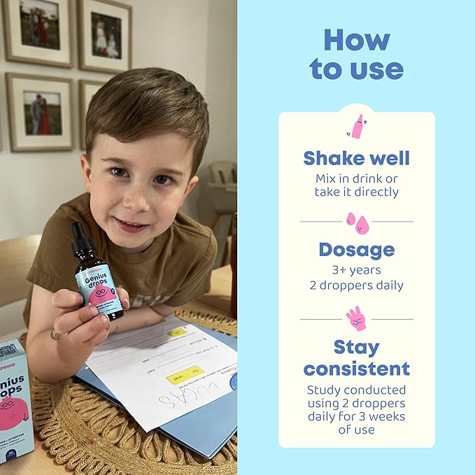 JoySpring Genius Drops for Kids | Clinically Proven Focus Supplement | Liquid Herbal Focus Supplement with Ginkgo Biloba for Kids (1 fl oz) 30 Servings