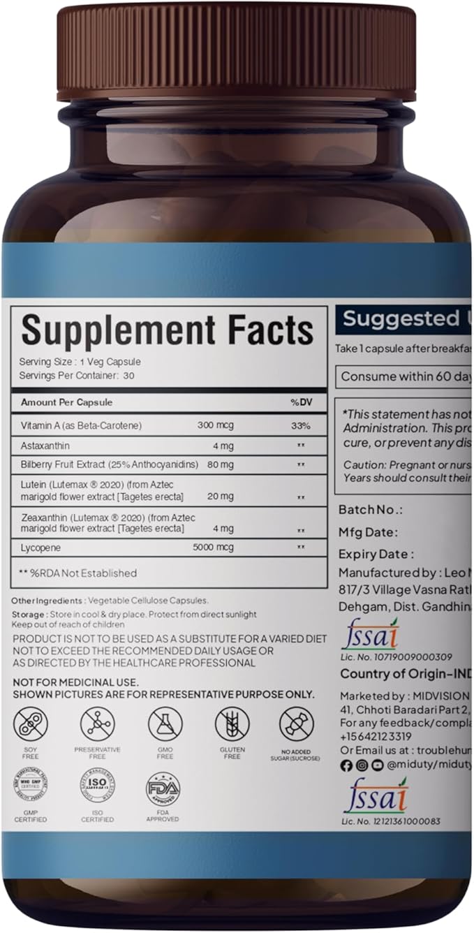 Zeaxanthin & Lutein - Eye Health Supplement - Vitamin A - Astaxanthin - Antioxidant Formula - Bluelight Protection - Gluten Free - Non-GMO - 30 Capsules