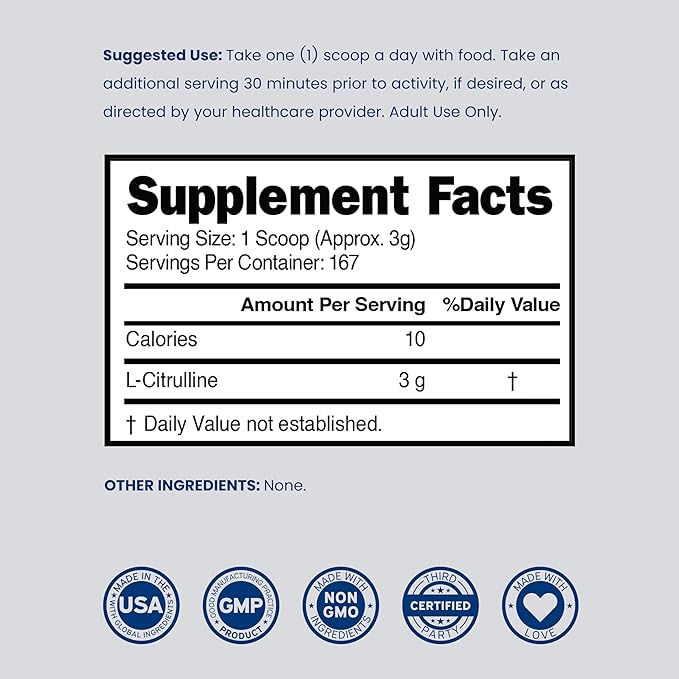 L Citrulline Powder Supplements (3g) Support L Arginine & Nitric Oxide Booster Powder - L-Citruline Supplements For Men & Women - Stamina , Endurance , Performance for Workouts - Vegan & USA Made