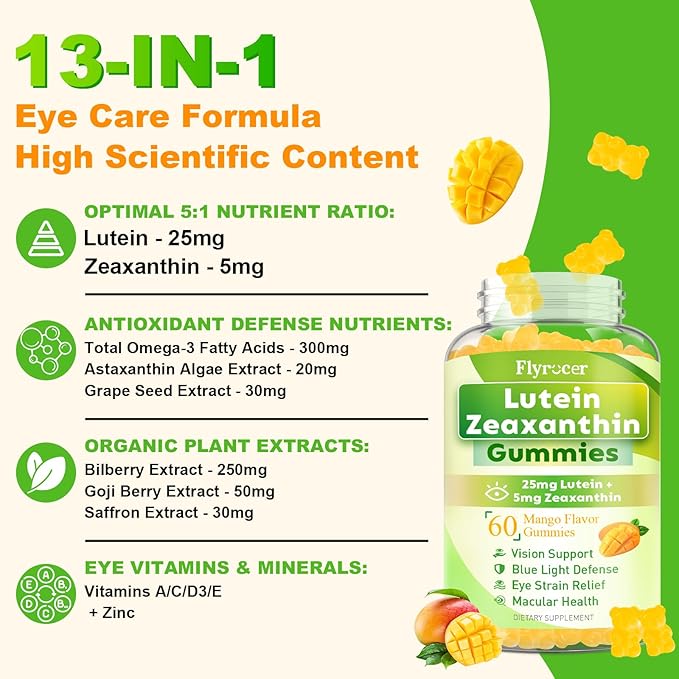 Sugar Free Lutein Gummies 25mg, Lutein and Zeaxanthin Supplements for Eye Health, 13-in-1 Eye Care Formula with Omega-3 Bilberry Saffron-Vision Health, Eye Strain, Dry Eyes, Vegan Mango Flavor 120 Ct