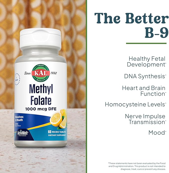 KAL Methyl Folate 1000 mcg - 5-MTHF Active Form, Folic Acid Supplement for Women and Men, Heart Health, Prenatal, Brain Support for Adults, Vegetarian, Natural Lemon ActivMelt - 60 Micro Tablets