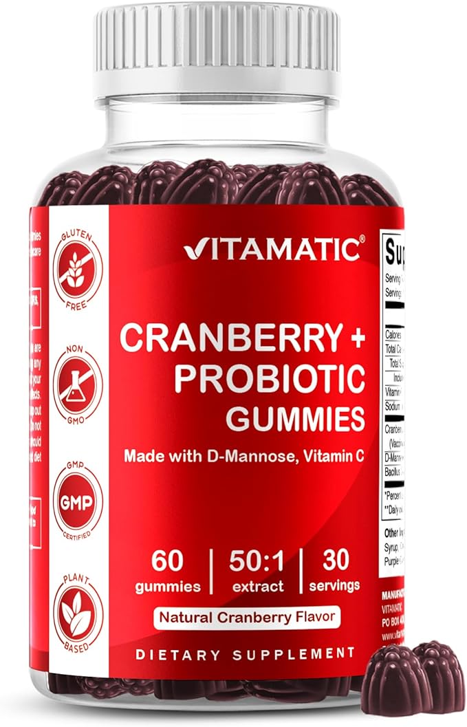 Vitamatic Cranberry Gummies with D-Mannose, Probiotics, Vitamin C – Plant-Based Botanical Extract – Vegan, Non-GMO – 60 Count