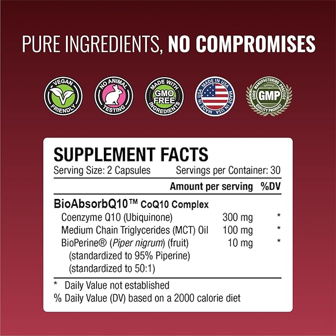 Approved Science® CoQ10 MD - Extra Strength Pure CoQ10 300mg with BioPerine® for Faster Absorption - Optimal Support Supplement - 60 Vegan Capsules