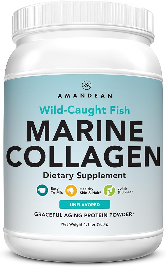 AMANDEAN Marine Collagen Peptides Powder. Double Hydrolyzed for Increased Absorption. Wild-Caught Fish Collagen Supplement. Type 1 & 3 Collagen Protein. 18 Amino Acids for Skin, Hair, Nails.