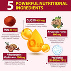 CoQ10 Gummies with PQQ - 400 MG Coenzyme Q10 High Potency, Enhanced with Ayurvedic Herbs, Adaptogenic Mushroom Blend & Probiotics for Heart, Brain, Energy, Immunity, Cherry Flavor, 60 Vegan Gummies