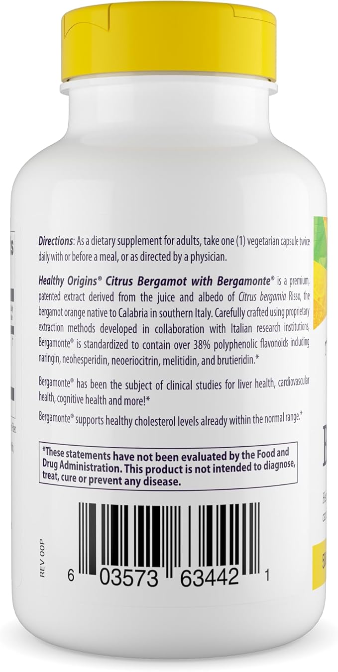 Healthy Origins Citrus Bergamot 500 mg, Bergamonte® Patented Extract, 38% Polyphenols, Cardiovascular & Metabolic Support, Third-Party Tested,120 Veggie Capsules*