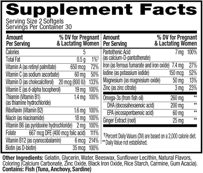 OLLY Ultra Strength Prenatal Multivitamin Softgels,Supports Healthy Growth,Brain Development,Iron,Folic Acid,DHA,Vitamins C,E,30 Day Supply-,60 Count (Pack of 2)