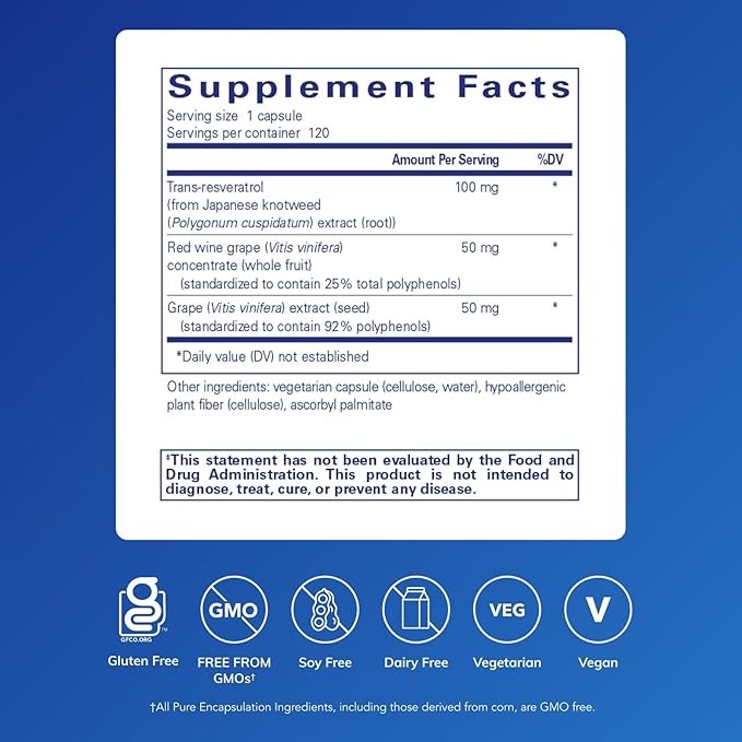 Pure Encapsulations Resveratrol EXTRA - 100 mg Trans-Resveratrol - For Healthy Cellular & Cardiovascular Function* - Antioxidants Supplement - Non-GMO & Gluten Free - 120 Capsules