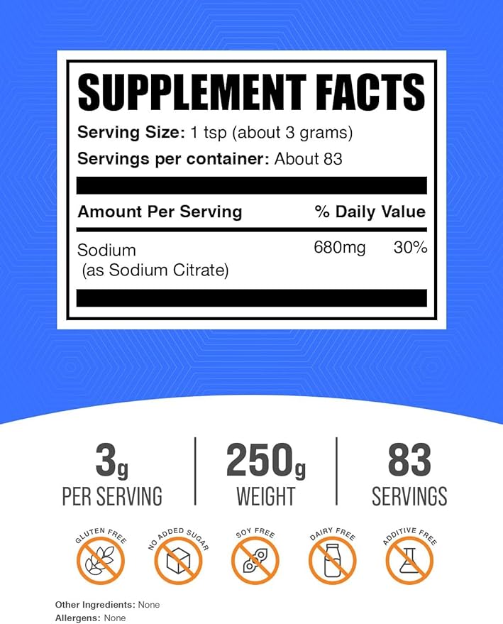 BulkSupplements.com Sodium Citrate Powder - Sodium Citrate Food Grade, Emulsifier, Flavor Enhancer - Gluten Free, 3g per Serving, 250g (8.8 oz) (Pack of 1)