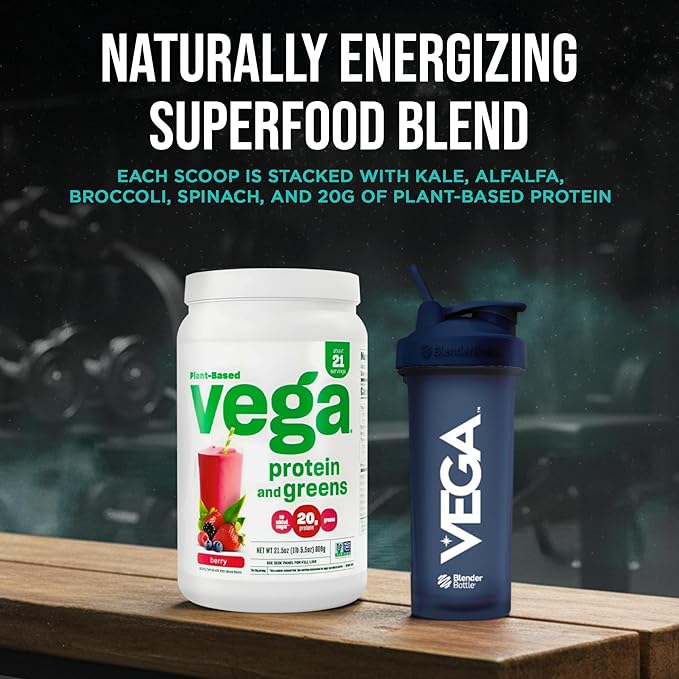 Vega Premium Protein + Supergreens, Berry – 20g Vegan Protein, Dairy & Gluten Free, 20.8 oz (21 Servings)