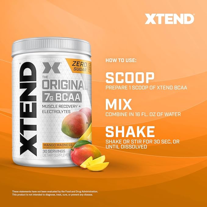 Xtend Original BCAA Powder, 7g BCAAs and 2.5g L-Glutamine for Muscle Recovery Hydration and Lean Muscle, Sugar Free Intra and Post Workout Drink with Electrolytes, Mango Madness, 30 Servings