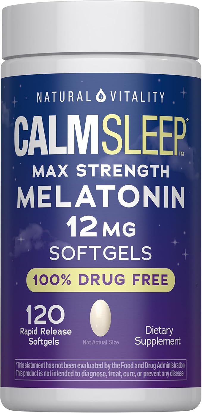 Natural Vitality Melatonin Softgels | 12mg Maximum Strength Supplement | 100% Drug Free | 120 Count