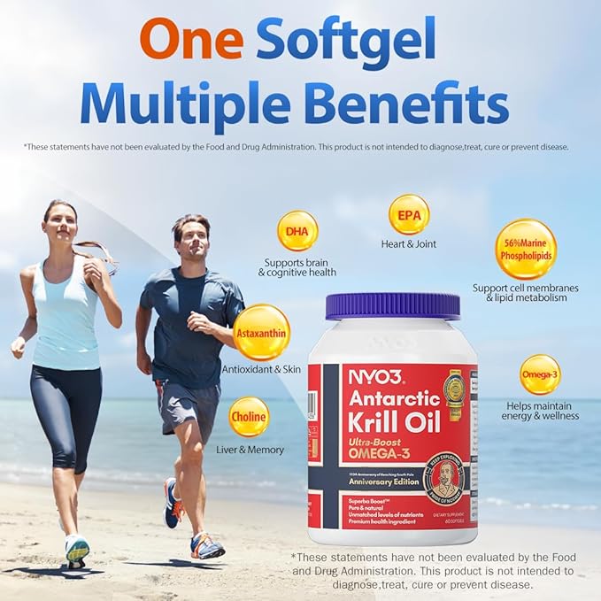 NYO3 Pure Antarctic Krill Oil Omega 3 Supplement, 56% Phospholipids for Maximum Nutrient Delivery, Upgraded Fish Oil with Choline & Antioxidant Astaxanthin for Heart Brain, No Fishy Burps, 90 Softgels