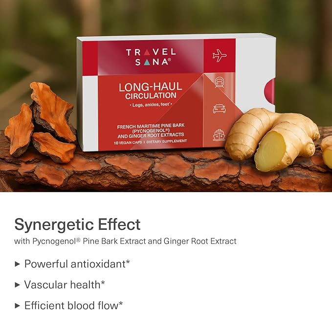Pycnogenol 100mg & Ginger Extract | Supports Healthy Circulation, Vein Health & Leg Comfort | Helps with Occasional Swelling in Legs & Feet | Long-Haul Travel Essentials | 10 Vegan Caps