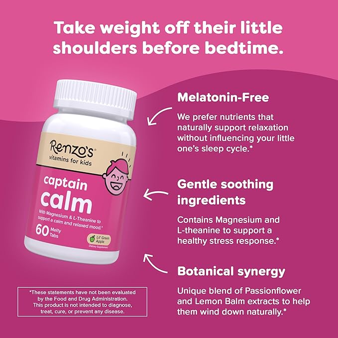 Renzo's Captain Calm Kids Magnesium Supplement with L-Theanine, Dissolvable Kids Vitamins for Relaxation and Mood Support, Sugar-Free Melty Tabs, Green Apple Flavor, 60-Count (1-2 Month Supply)
