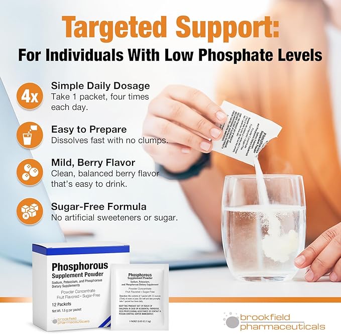Phosphorus Supplements 12 Packets, Dietary Supplements Powder with Sodium Phosphate and Potassium Phosphate, Fruit Flavored Phosphorous Supplement Powder for Electrolyte, Bone Health & Kidney Health