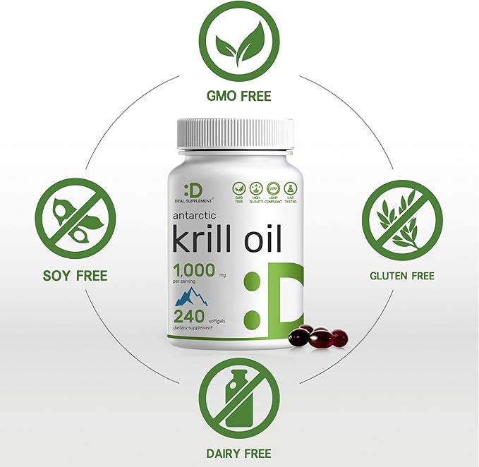 DEAL SUPPLEMENT Antarctic Krill Oil, 1,000mg Per Serving, 240 Softgels – Mercury Free, No Fishy Taste – Rich in Omega-3s, EPA, DHA, Astaxanthin, & Phospholipids – Non-GMO, No Gluten