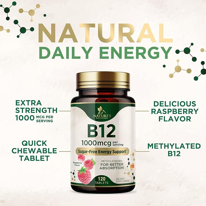 Vitamin B12 - 1000 mcg Per Serving Maximum Strength Methylcobalamin B-12 Chewable Tablet - Energy, Nervous System & Brain Support - Fast Dissolve, Gluten-Free, Non-GMO for Women & Men - 120 Tablets