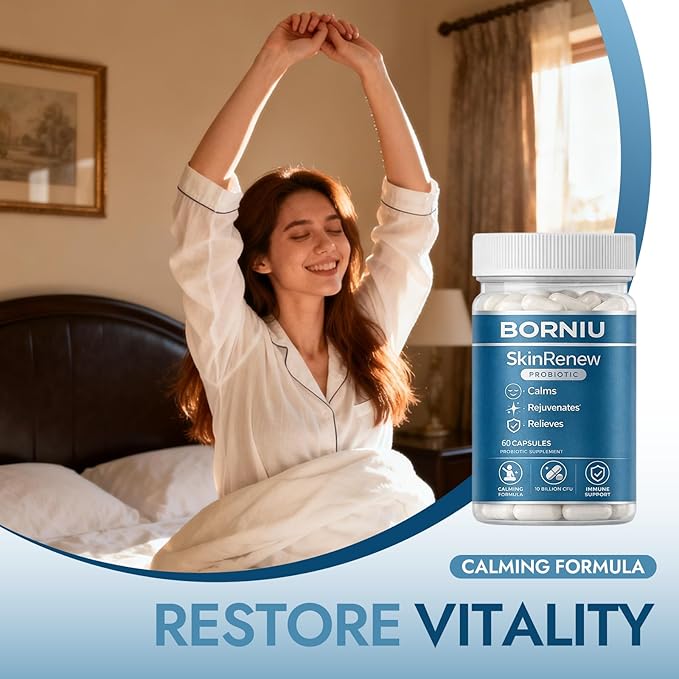Borniu SkinRenew Probiotic for Gut and Skin Support, 5 Targeted Probiotic Strains Plus Inulin Prebiotic Fiber, Vegan, Non-GMO, 60 Capsules(1pc)
