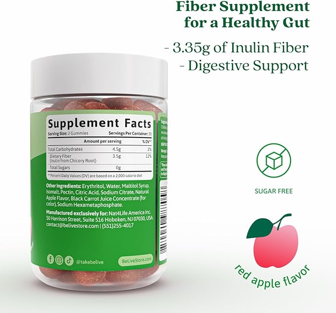 BeLive Fiber Gummies - Prebiotic Fiber Supplement with Chicory Root & Inulin for Digestive Support & Overall Gut Health I Vegan, Sugar Free Gummies for Adults & Children - Apple Flavor | 3-Pack