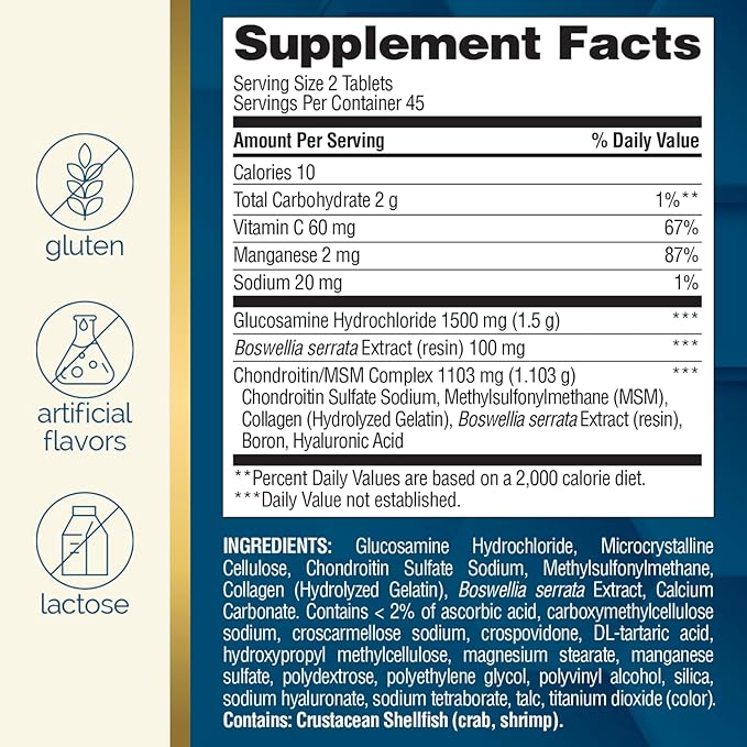 Nature's Wonder Triple Strength Glucosamine Chondroitin with MSM and Hyaluronic Acid and Boswellia for Joint Health, Supports Joint Flexibility and Mobility, 45 Day Supply, 90 Tablets (Pack of 2)