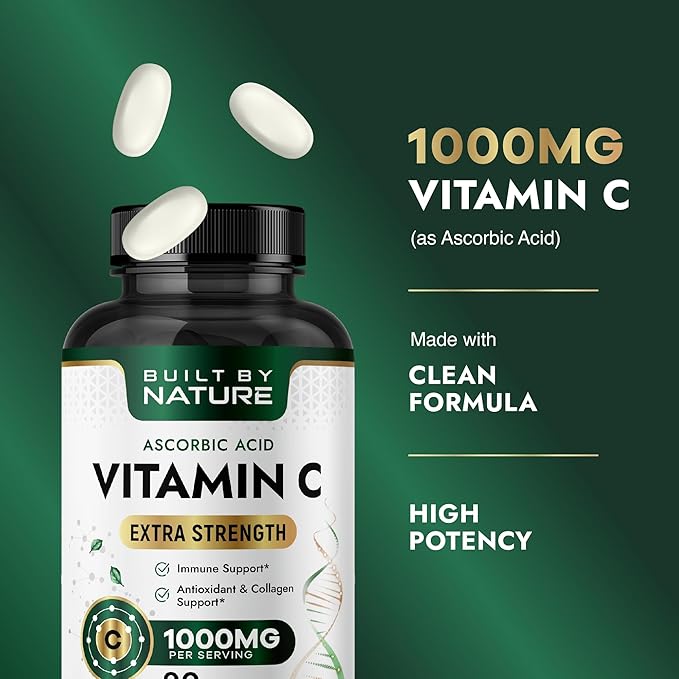 Built by Nature Vitamin C 1000mg – High Potency Immune Support Supplement – Vitamina C Antioxidant for Women & Men – Supports Energy, Skin & Collagen - 90 Tablets