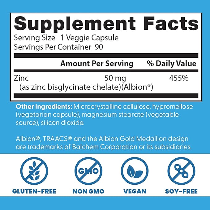 Doctor's Best High Absorption Zinc Bisglycinate 50mg High Potency Supporting Enhancing Immune System Antioxidant VC, 90 Count