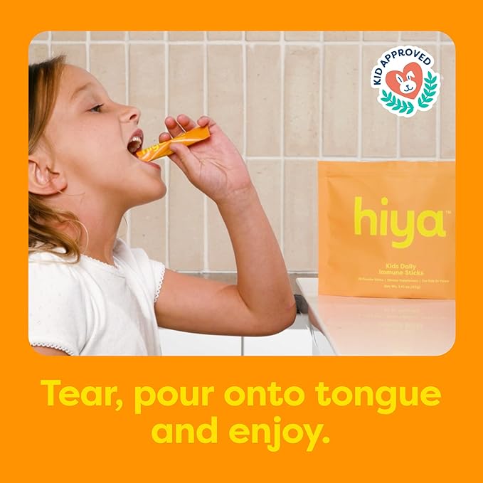 Hiya Kids Immune Support – Vitamin C, Elderberry & Beta Glucans for Ages 2+, Delicious Orange Flavor, 0g Sugar – 20 Stick Packs for Toddlers & Kids