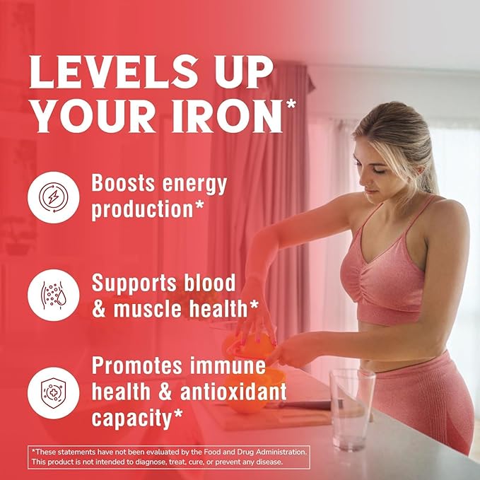 Iron Supplement, 65mg Carbonyl Iron with 250mg Vitamin C, Stomach Friendly Iron Pills for Blood Building Women & Men, High Absorption, No Nausea, No Constipation, Non-GMO, No Gluten, 120 Vegan Tabs