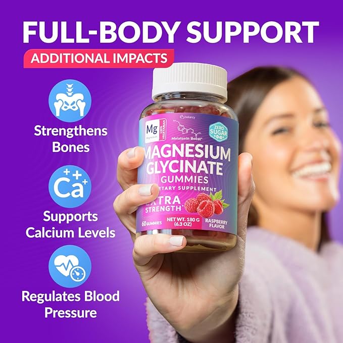 Magnesium Glycinate Gummies 400mg, Muscle Support and Relaxation, Magnesium Supplement for Women, Men and Kids, High Absorption, Sugar Free, Vegan, 60 Days Supply, Raspberry Flavor