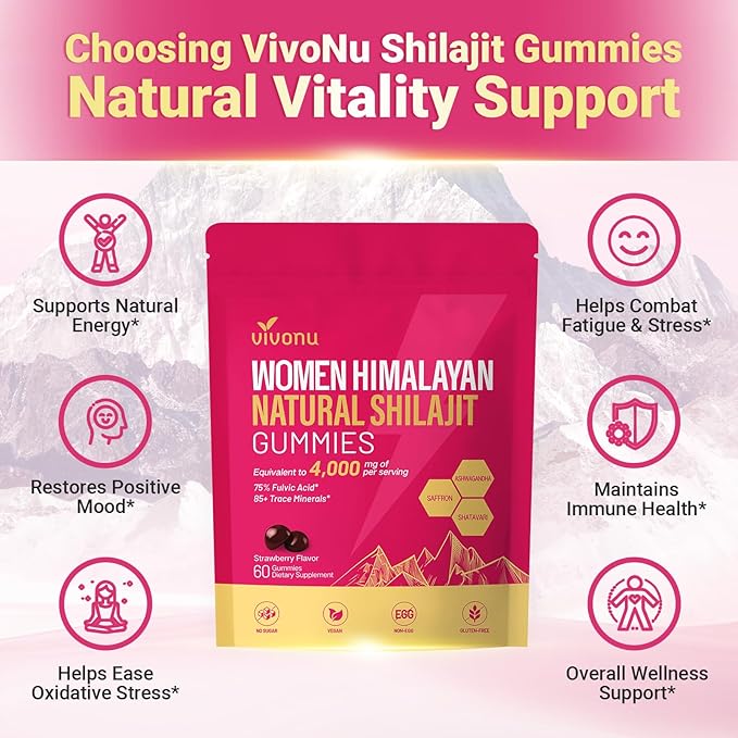 VivoNu Himalayan* Shilajit* Gummies with Ashwagandha* & Gokshura | 85+ Trace Minerals & Fulvic Acid | Organic, Micronutrient Supplement for Men & Women (Women 4000mg / 2 Bag)
