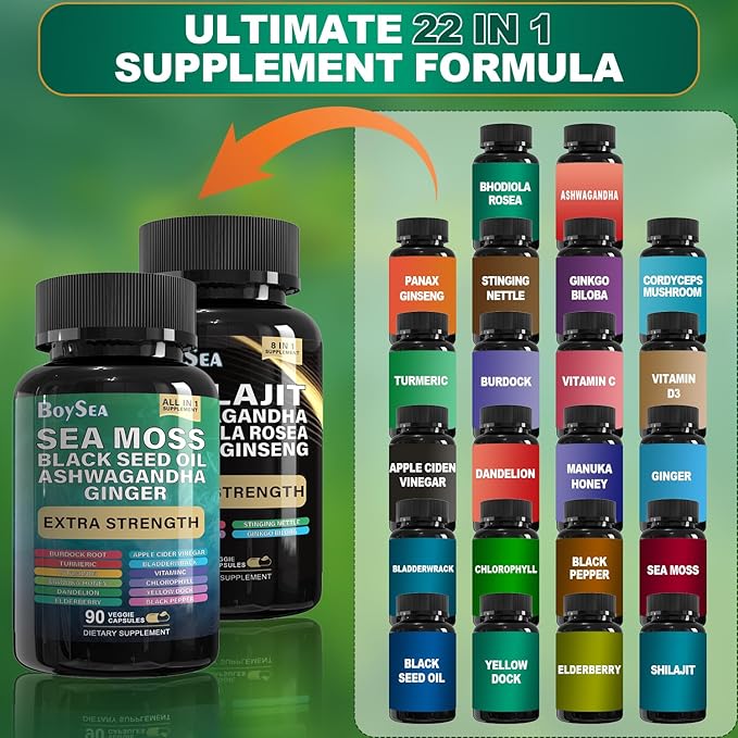 Boysea.Shilajit and Sea Moss Bundle- 90 Count - Sea Moss, Black Seed Oil, Ashwagandha, Ginger & Shilajit, Rhodiola Rosea, All in 1 Supplements (1 Pc)