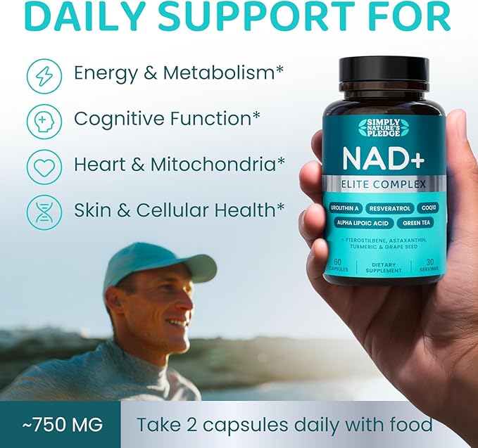 NAD+ Elite Complex – Direct NAD+ 300 mg with Urolithin A, Resveratrol, CoQ10 & Antioxidant Blend – Cellular Energy, Mitochondrial Support & Healthy Aging – Vegan, Non-GMO- 60 Capsules (Pack of 3)