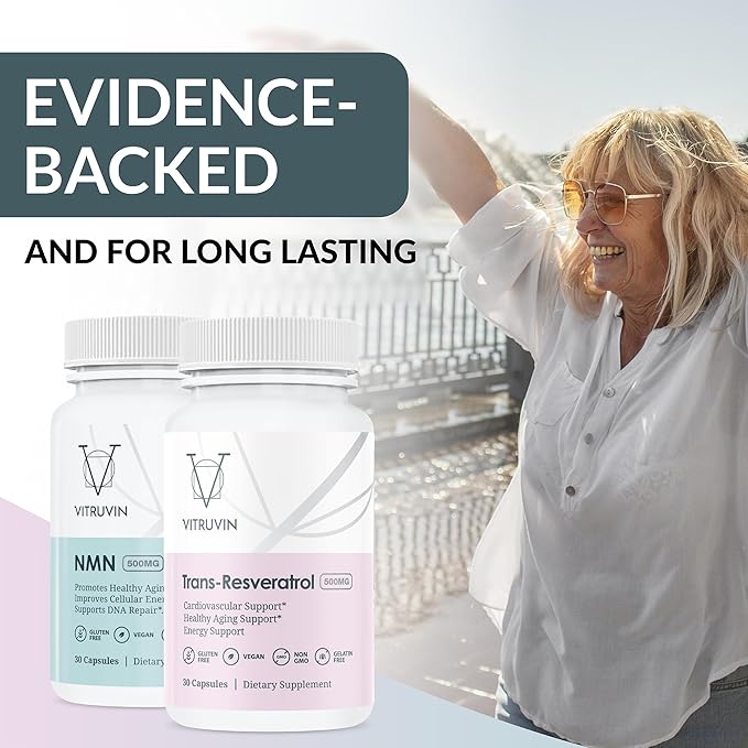 VITRUVIN Longevity Supplement - NMN 500MG + Trans-Resveratrol 500MG with Piperine - Vegan, Non-GMO, Gluten-Free, Gelatin-Free