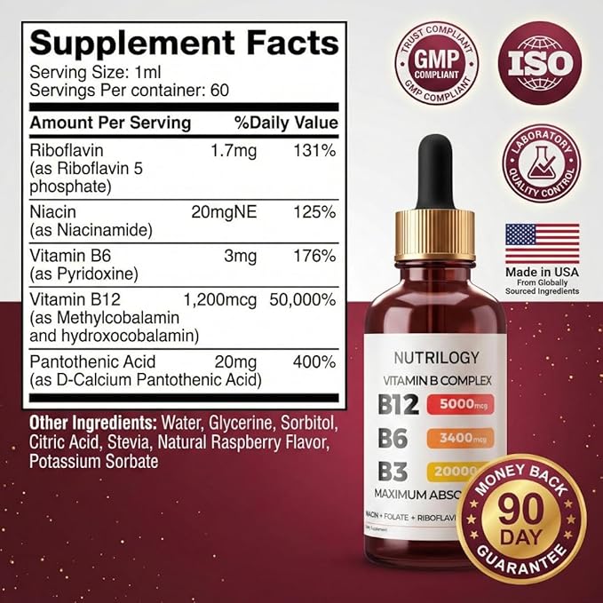 Vitamin B Complex for Men & Women - Riboflavin B2, B3, B5, B6, B12 | B-Complex Supplement - Nerve Pain, Energy, Brain & Heart Support - Made in USA, 60 Servings