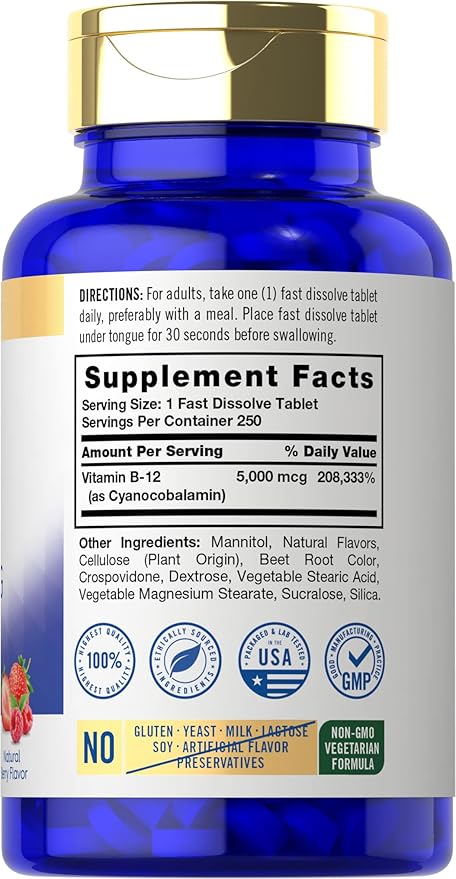 Carlyle B12 Vitamin 5000 mcg Sublingual | 250 Fast Dissolve Tablets | High Potency | Natural Berry Flavor | Vegetarian, Non-GMO & Gluten Free