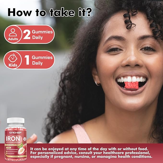 Iron Supplement for Women & Men Gummies, Multivitamin Blood Builder Iron Supplement with Folate Vitamin C B12 B6 Zinc for Adults & Kids - Energy Support - Peach Flavor, Vegan 60 Gummies