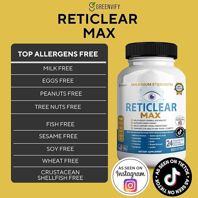 Reticlear Max Eye Health Supplement, 60 Capsules, Vision Support with 24 Natural Ingredients, 30 Day Supply (5)