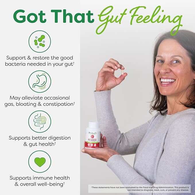 Probulin Colon Support Daily Probiotic + Prebiotic + Support Gut Health, Occasional Gas and Bloating - 20 Billion CFU - 12 Strains, 30 Vegan Capsules