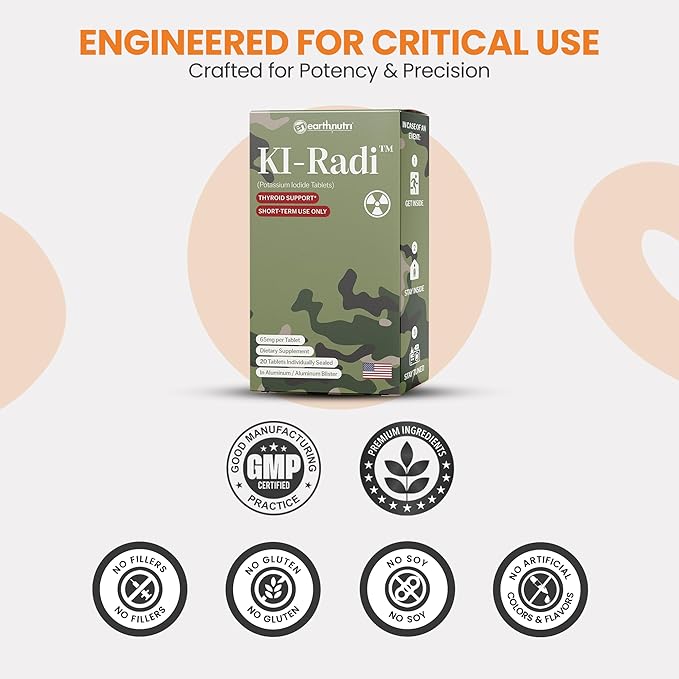 EarthNutri KI-Radi™ Potassium Iodide KI Tablets 65 mg – High Potency Iodine for Thyroid Support, Emergency Preparedness – Potassium Supplement in Foil-Foil Blister Seal – 20 Tablets (1 Pack)