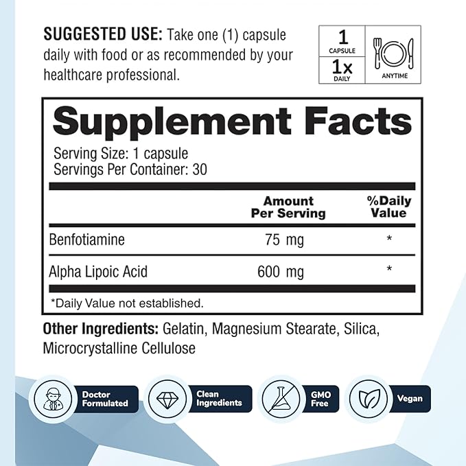 Nervala - Alpha Lipoic Acid 600mg - ALA Supplement Antioxidant for Nerve, Energy & Circulation Support- Extra Strength with Benfotiamine - Made in USA, Lab Tested - 30 Capsules, 1 Month Supply